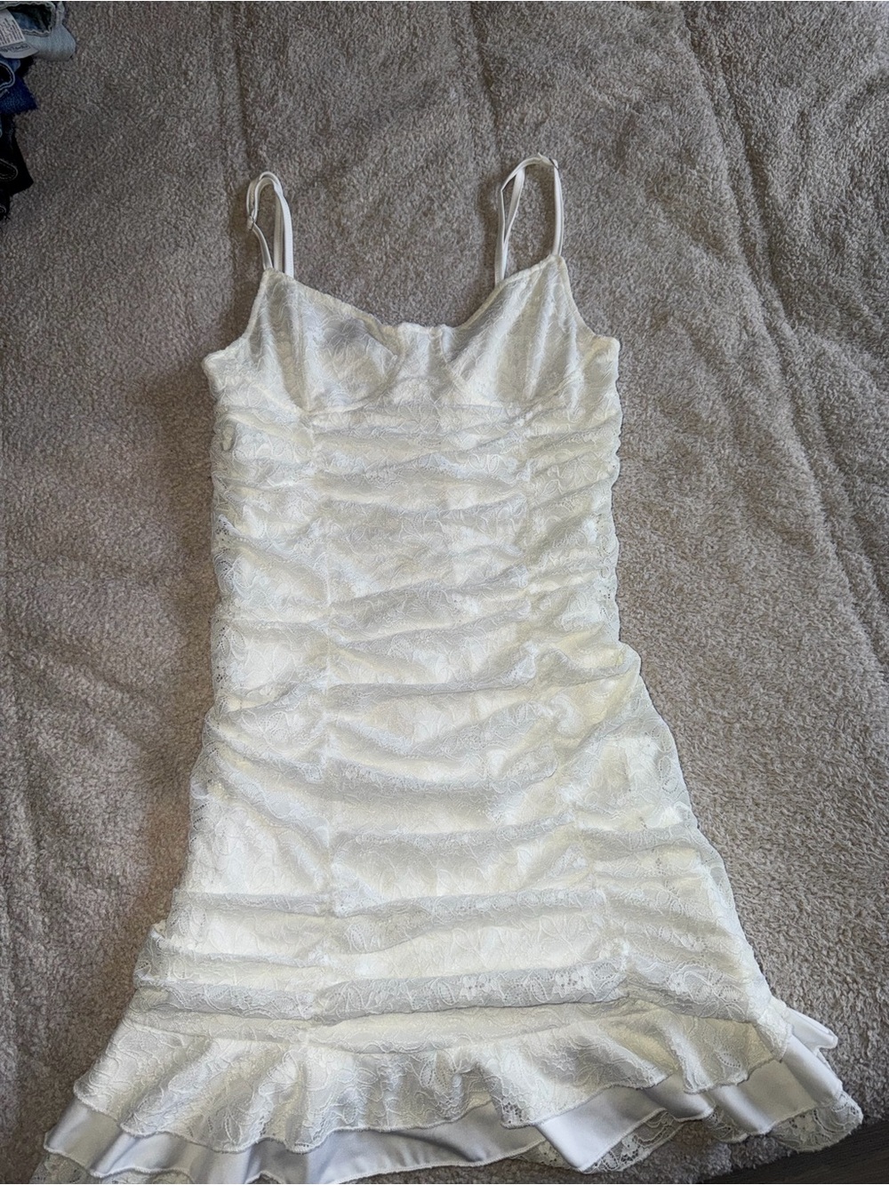 White Lace Ruched Slip Dress with Ruffle Hem